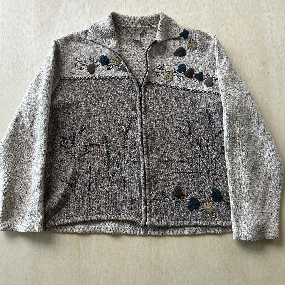Teddi Cardigan Sweater Womens Large Beige Nature Floral Embroidered Full Zip